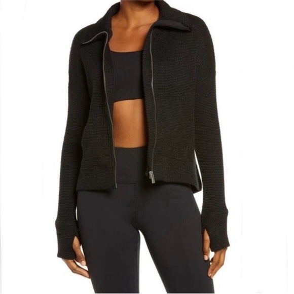 Sweaty Betty Jackets & Blazers - Sweaty Betty Restful Boucle Black Knit Zip Front Boxy Sweater Jacket Small